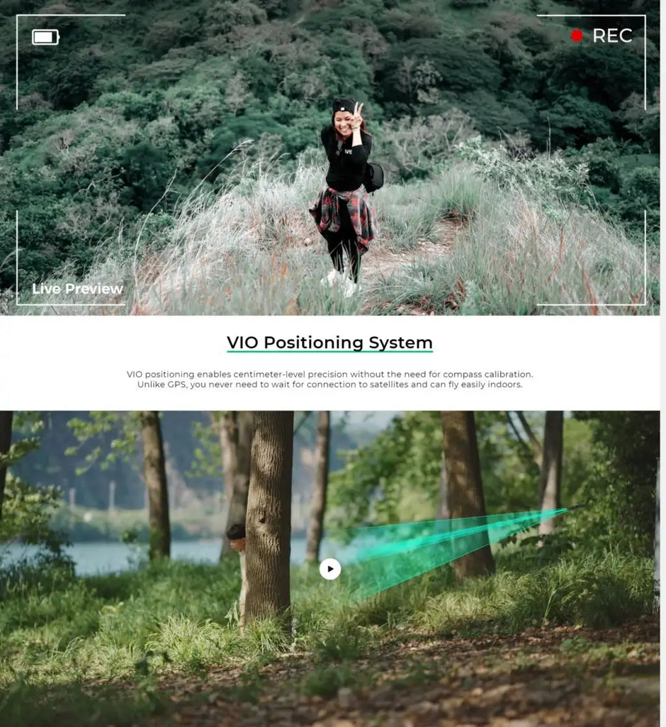 A woman poses on a grassy hill as the Dropshipman Hover Air X1 Pro follow-me drone records her, with a forest in the background. Below, an AI-powered tracking system highlights a person walking through trees.