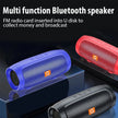 A promotional image features the Portable Waterproof Subwoofer Bluetooth Speaker by HeadphoneHeat, highlighting its versatile functionality. Available in blue, red, and black, this speaker boasts top buttons and a prominent 