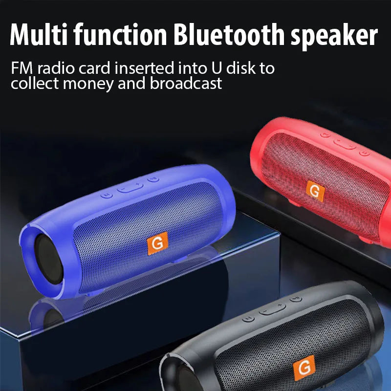A promotional image features the Portable Waterproof Subwoofer Bluetooth Speaker by HeadphoneHeat, highlighting its versatile functionality. Available in blue, red, and black, this speaker boasts top buttons and a prominent 