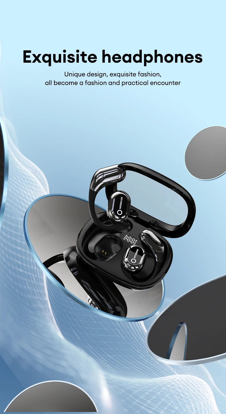A pair of sleek black choice HYUNDAI HY-Y16 AI translator OWS Wireless Bluetooth v5.4 earphones rest in an open charging case surrounded by abstract mirrored surfaces. The text above reads, "Exquisite HeadphoneHeat headphones" with additional promotional text below.