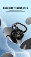 A pair of sleek black choice HYUNDAI HY-Y16 AI translator OWS Wireless Bluetooth v5.4 earphones rest in an open charging case surrounded by abstract mirrored surfaces. The text above reads, 