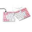 The DEBROGLIE LT78 Split Creative Mechanical Keyboard by HeadphoneHeat features an ergonomic design with pink and white keycaps. The left side has function keys and letters, the right has numbers and extras. Both halves use Kailh switches and connect via cable for enhanced typing comfort.