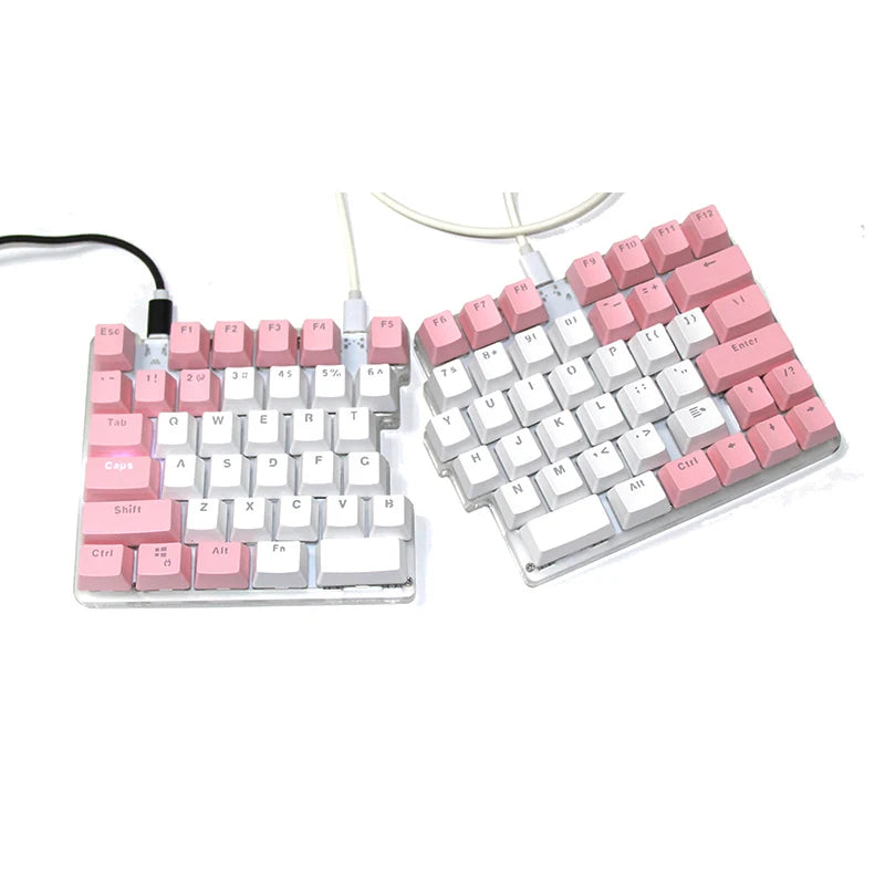 The DEBROGLIE LT78 Split Creative Mechanical Keyboard by HeadphoneHeat features an ergonomic design with pink and white keycaps. The left side has function keys and letters, the right has numbers and extras. Both halves use Kailh switches and connect via cable for enhanced typing comfort.