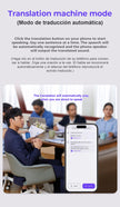 A group of people sit at a table in a meeting. In the foreground, a phone displays the Translator Erazer XP6 app by HeadphoneHeat in 