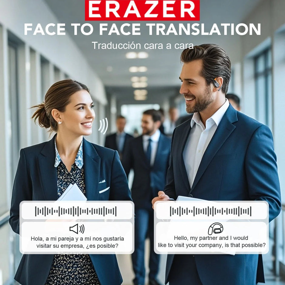 A man and a woman are walking down a hallway, smiling at each other. Speech translation bubbles display text in Spanish and English, highlighting the ERAZER XF31 Bluetooth Translation Earbuds by HeadphoneHeat. This face-to-face translation service excels in facilitating conversations even when using wireless earphones.