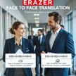 A man and a woman are walking down a hallway, smiling at each other. Speech translation bubbles display text in Spanish and English, highlighting the ERAZER XF31 Bluetooth Translation Earbuds by HeadphoneHeat. This face-to-face translation service excels in facilitating conversations even when using wireless earphones.