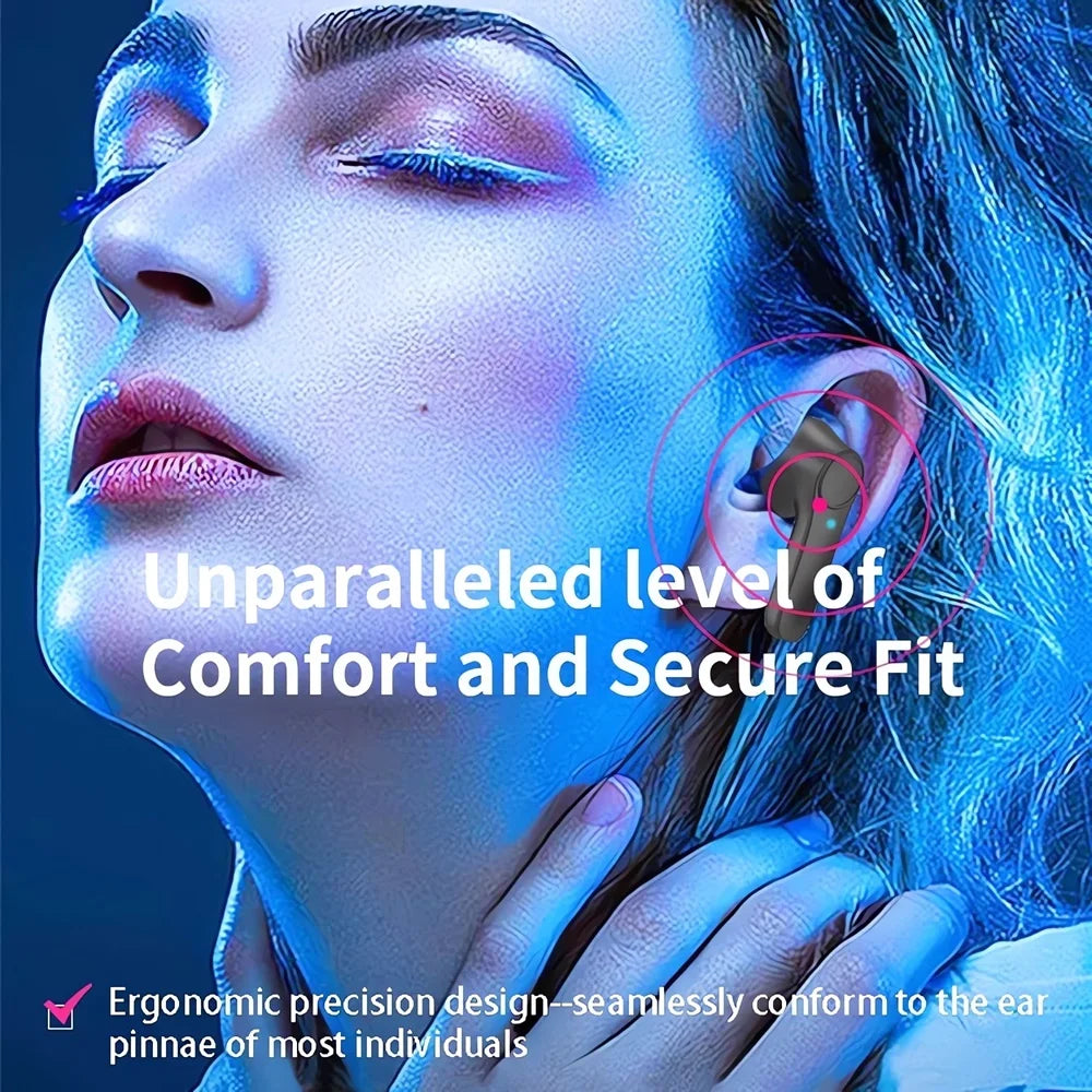 A woman with closed eyes and a serene expression wears the HeadphoneHeat Intelligent Translate Earbuds, known for their ergonomic precision and Bluetooth 5.0 technology. The accompanying text states, 