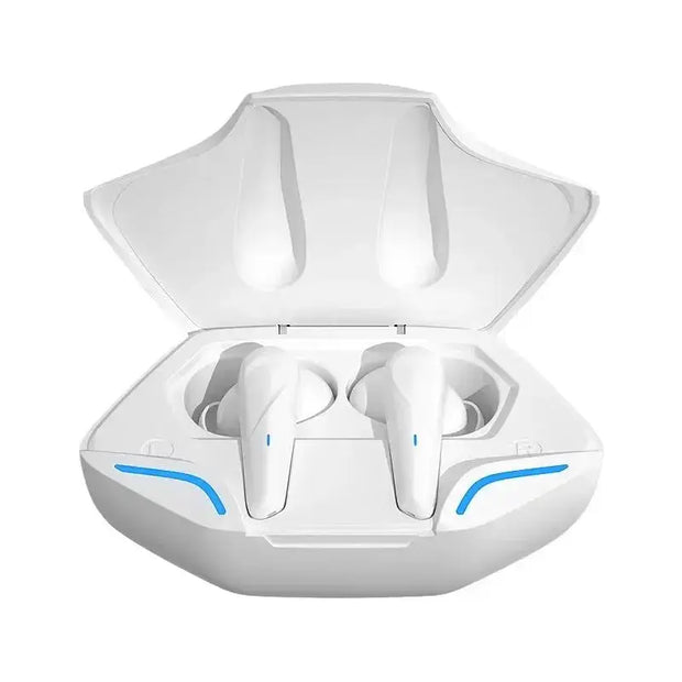 The HeadphoneHeat TDAEG X15Pro TWS Bluetooth Earbuds come in a sleek white charging case with blue accent lights. Open the case to reveal the earbuds and enjoy immersive, high-quality sound on the go.