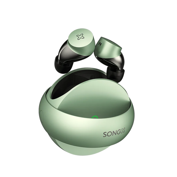 A pair of green Bluetooth Kenteen’s 5.1 Earbuds with black accents, featuring dual driver technology, is displayed along with a matching green charging case. The brand name "HeadphoneHeat" is printed on both the case and earbuds. The sleek, round case has a small indicator light and supports wireless charging.