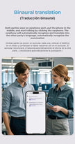 A man and woman are smiling and conversing while holding the HeadphoneHeat AI Earphone Translator Erazer XP6 Bluetooth earphones. In front of them, a smartphone displays the app for these AI wireless headphones, which effortlessly provides binaural translation in both English and Spanish, seamlessly connecting through Bluetooth 5.4 for easy communication.