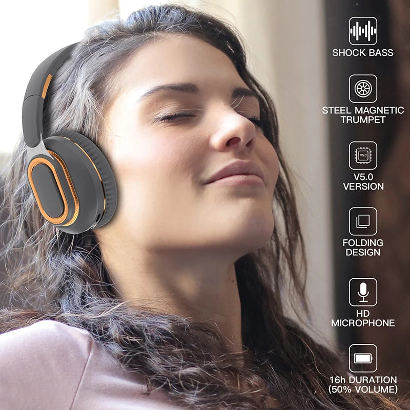 A person with closed eyes wears black and orange over-ear HeadphoneHeat FITHEM H7 Pro max Wireless Headphones. Next to them are icons with text: 