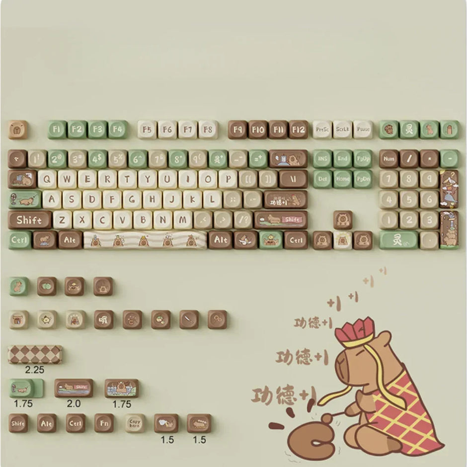 Introducing the HeadphoneHeat Capi Bara Mechanical Keyboard, featuring an ergonomic design with brown and green gradient keys adorned with icons like leaves and mushrooms. Some keys display a bear enjoying noodles, while the same bear illustration decorates the bottom right of this wireless gem.