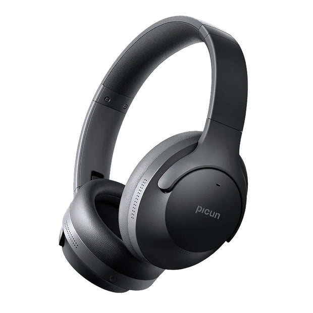 The Picun 05MAX Headphones from HeadphoneHeat are black, over-ear Bluetooth 5.4 wireless headphones featuring a sleek design, padded ear cushions, and an adjustable headband for dual connectivity and seamless audio. The brand name "Picun" is prominently displayed on the earcup against a white background.