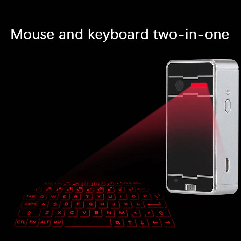 The Dropshipman Bluetooth Virtual Laser Keyboard projects a red keyboard onto any surface, featuring "Mouse and keyboard two-in-one" on a sleek black background.