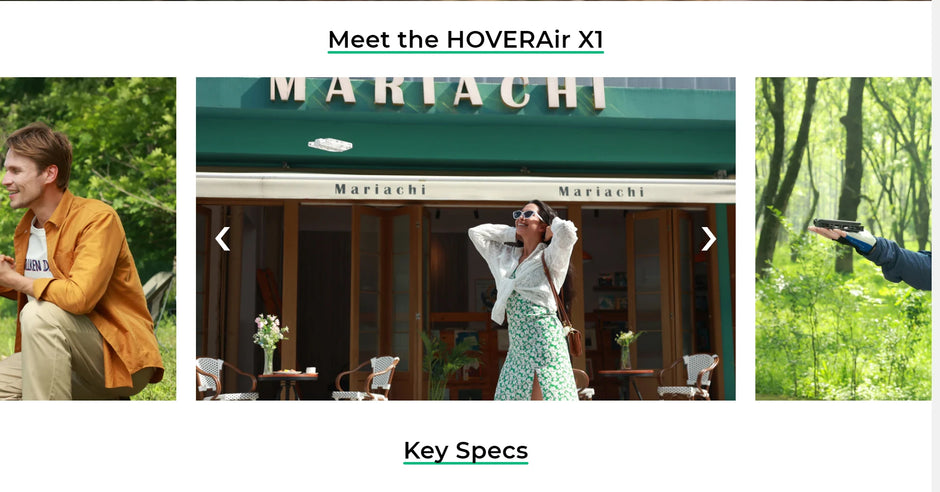 A woman in a white jacket and green pants poses outside the "Mariachi" cafe with outdoor tables and greenery. The text above reads, "Meet the Dropshipman Hover Air X1 Pro 4K video drone.