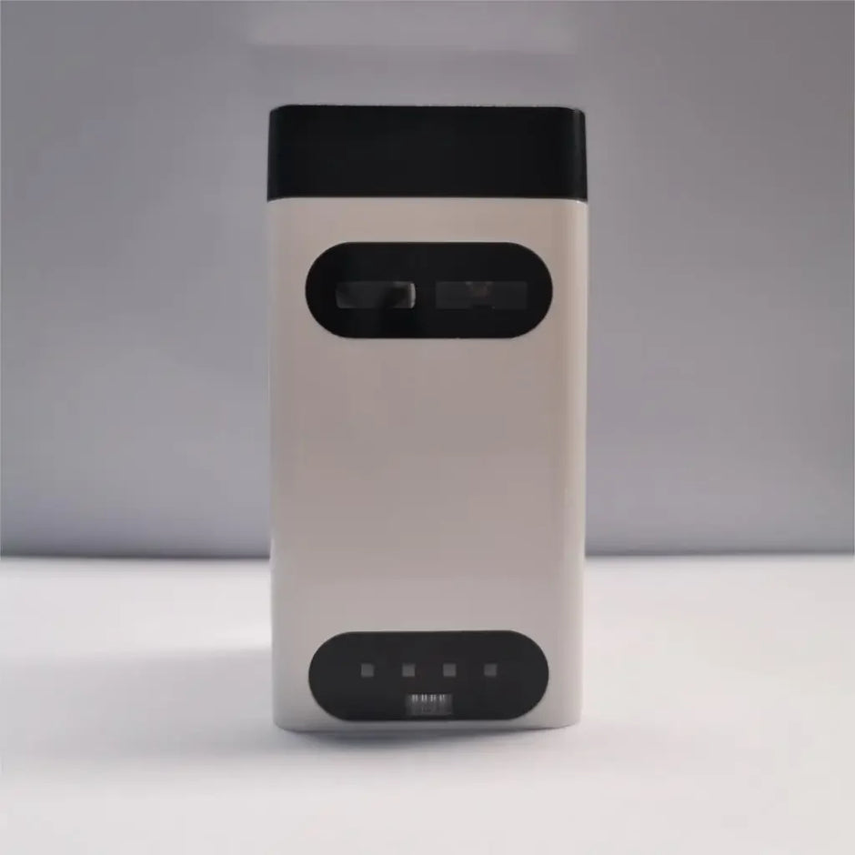 The Dropshipman Bluetooth Virtual Laser Keyboard is a rectangular white device with a black top and two black horizontal oval panels, shown against a plain gray background.