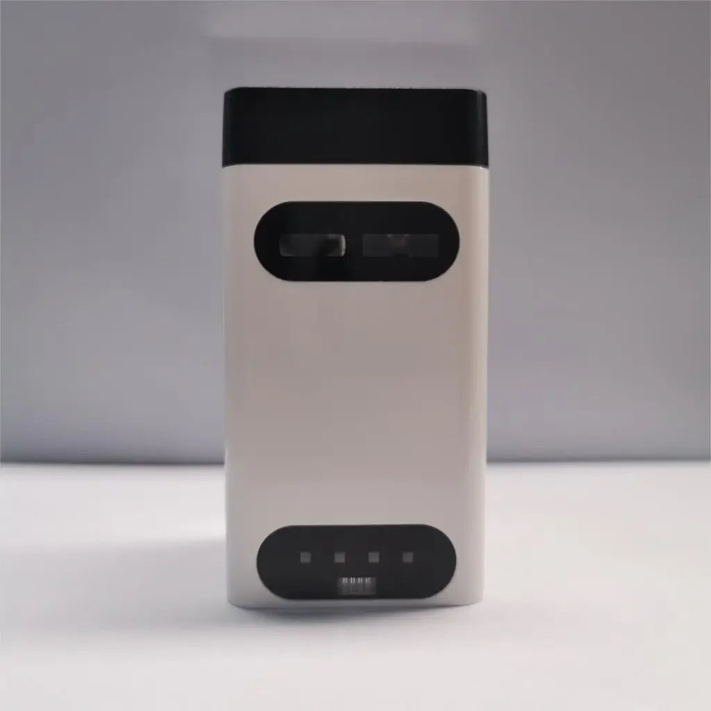 The Dropshipman Bluetooth Virtual Laser Keyboard is a rectangular white device with a black top and two black horizontal oval panels, shown against a plain gray background.