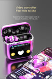 A pair of purple LED Touch Screen Newmsnr Bluetooth 5.4 Earbuds by HeadphoneHeat are displayed with their open charging case, which has a small screen showing app icons. The setup is next to a smartphone displaying a short video app. Above, text reads: 