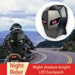 A motorcyclist navigates a winding road, showcasing the stylish LED Hardshell Motorcycle Backpack by HeadphoneHeat, designed to resemble a helmet with glowing eyes. A close-up reveals its sturdy ABS construction. The text reads: 