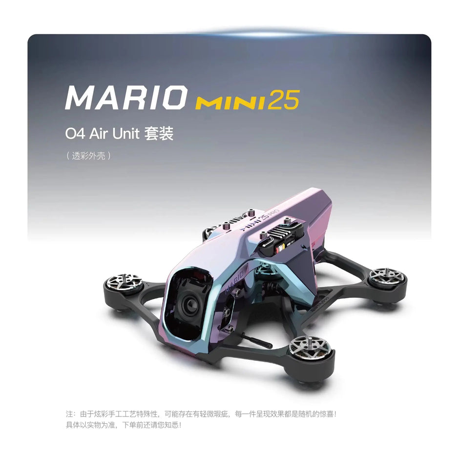 A compact, colorful RC quadcopter labeled 