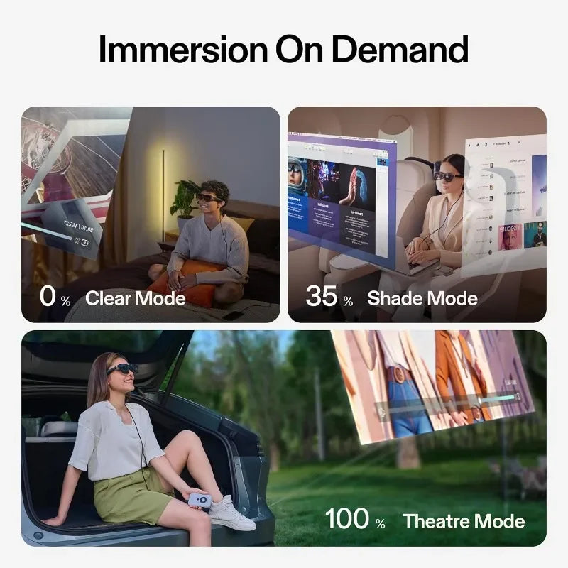 A split image displays the XReal Air 2 Pro AR Glasses by HeadphoneHeat in action: Clear Mode at 0% with a man working, Shade Mode at 35% as a woman interacts with an augmented reality interface, and Theatre Mode at 100% with a woman enjoying screen viewing outdoors.