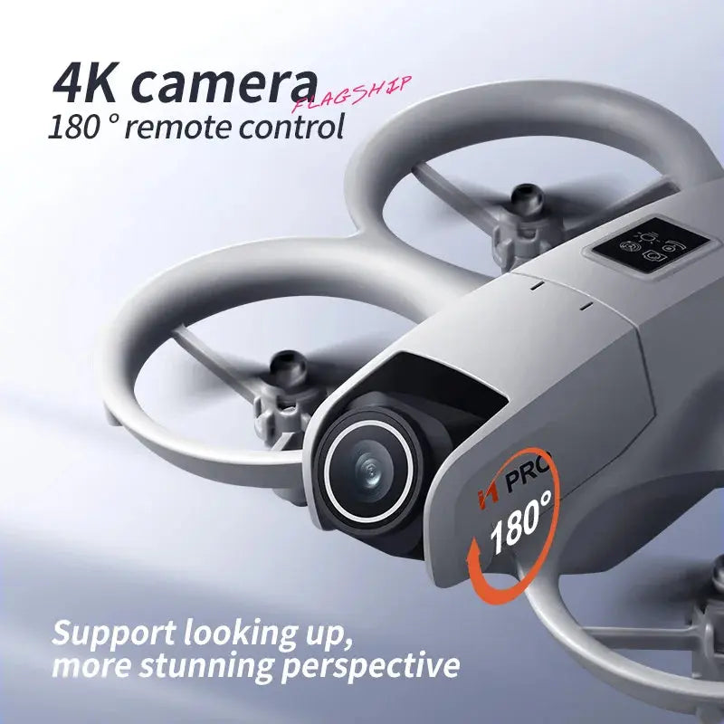 A close-up of the DSer I1 PRO Drone 4K Professional HD Aerial Photography highlights its 4K camera, flagship design, and 180° WiFi remote control for stunning perspectives. Text features “4K camera,” “flagship,” and “Support looking up, more stunning perspective.”.