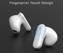 Two white Esports ZIXZEX Game Bluetooth TWS Earbuds by HeadphoneHeat are displayed against a black background. The earbud on the left is shown from a side angle, and the earbud on the right is facing upwards, highlighting its touch-sensitive area with a blue fingerprint icon. Text above reads 
