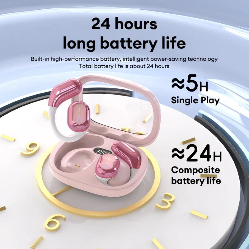 Explore the stylish pink HeadphoneHeat choice HYUNDAI HY-Y16 AI translator OWS Wireless Bluetooth v5.4 Earphones, gracefully arranged on a clock face. With Bluetooth 5.4 technology, these high-quality headphones offer up to 24 hours of battery life—providing 5 hours per charge and incorporating power-saving features for extended use.