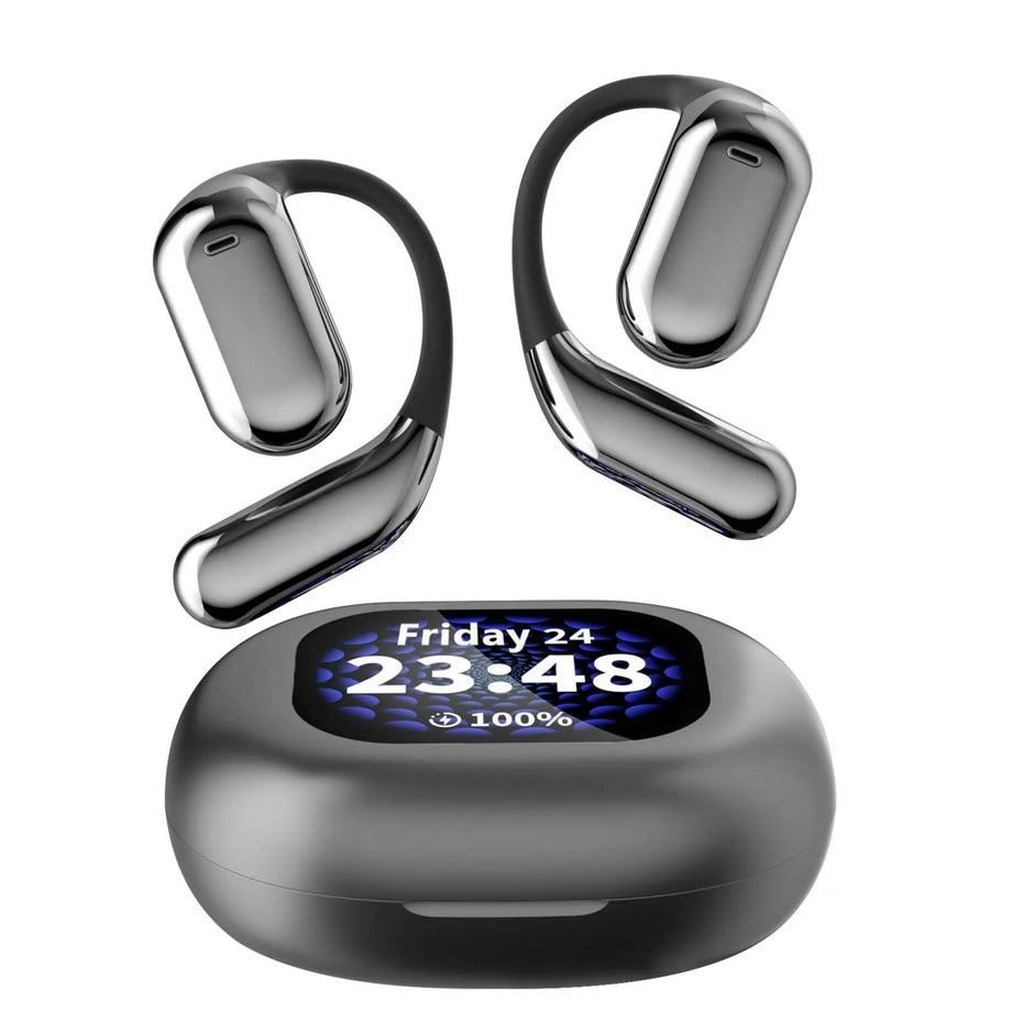 The Dropshipman XP2 Large Over The Ear Earbuds, in sleek silver with ear hooks, float above a black oval charging case featuring a digital display for date, time, and battery. Enjoy seamless Bluetooth 5.4 connectivity.