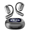 The Dropshipman XP2 Large Over The Ear Earbuds, in sleek silver with ear hooks, float above a black oval charging case featuring a digital display for date, time, and battery. Enjoy seamless Bluetooth 5.4 connectivity.