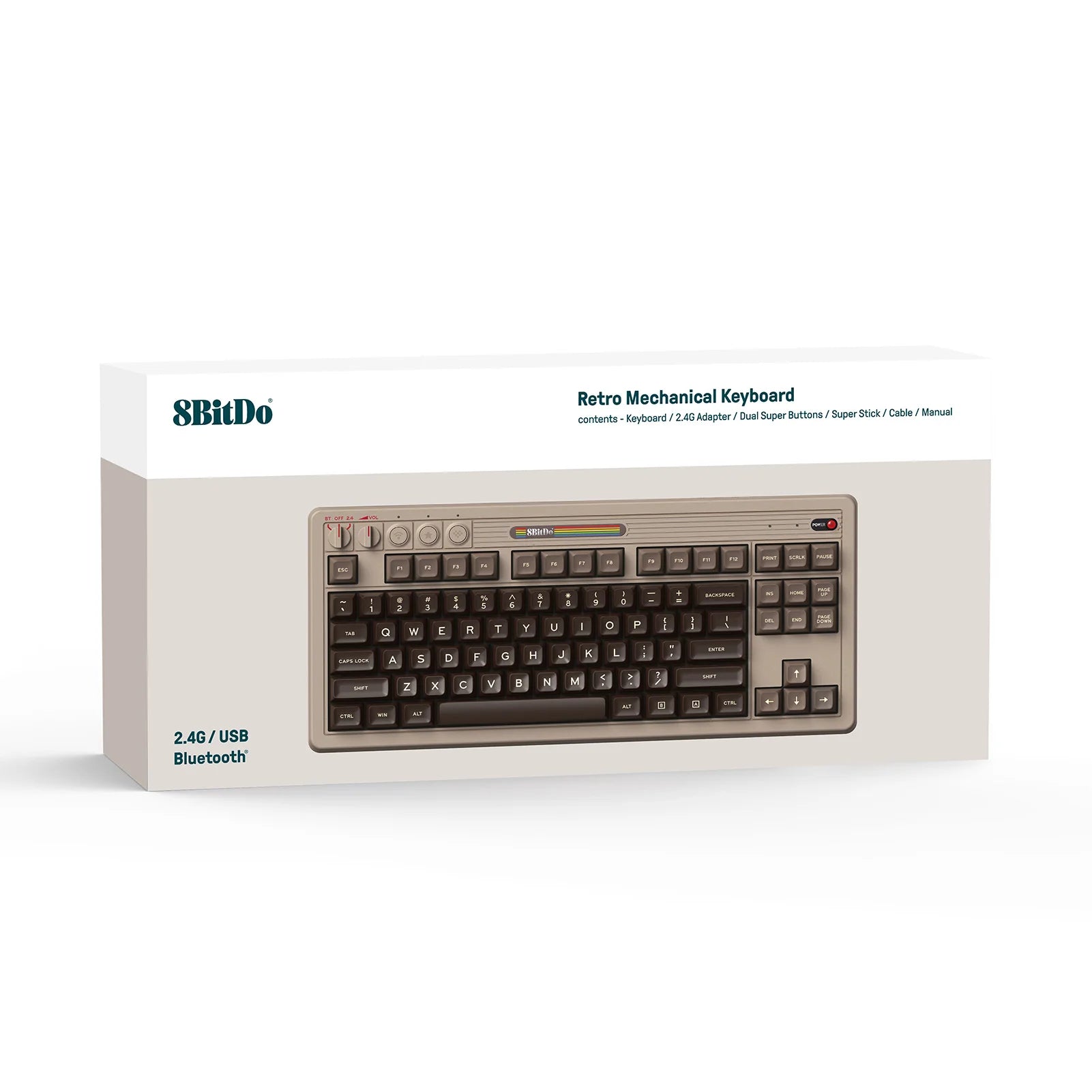 The packaging displays the HeadphoneHeat 8BitDo Retro Mechanical Keyboard with its vintage design, emphasizing features such as Bluetooth and 2.4G/USB connectivity along with components like an adapter and cable—ideal for enthusiasts of leverless controllers who desire a blend of classic style and modern technology.