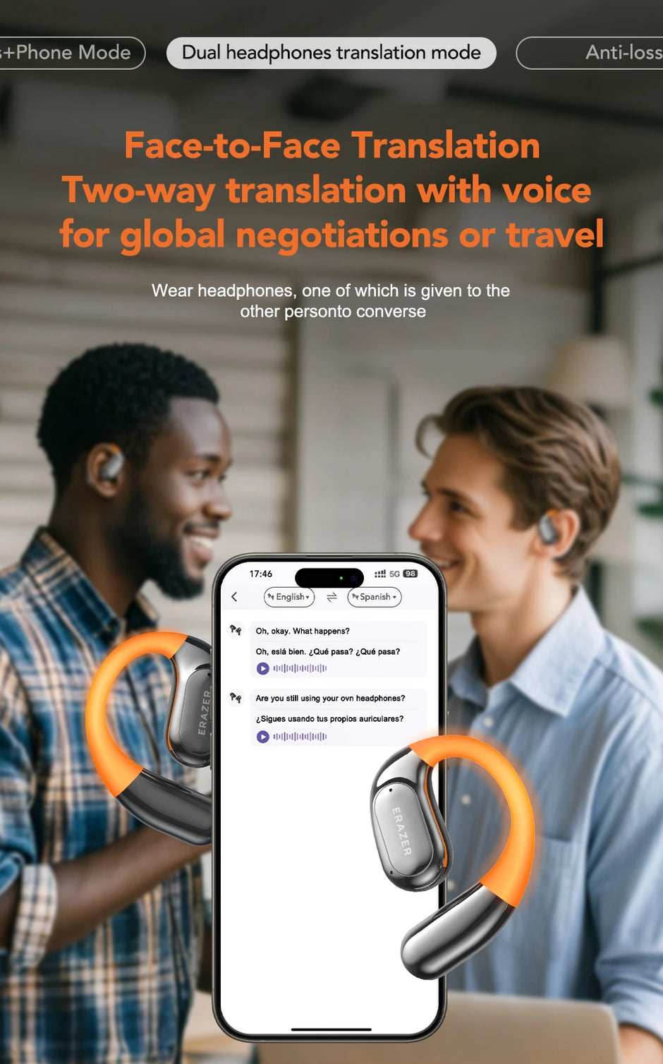 Two men engage in conversation, smiling as they wear the ERAZER XF31 Bluetooth Translation Earbuds by HeadphoneHeat. A smartphone screen shows a translation app with text bubbles in English and Spanish. The earbuds are prominently featured, highlighting their dual translation capability for travel or negotiations.