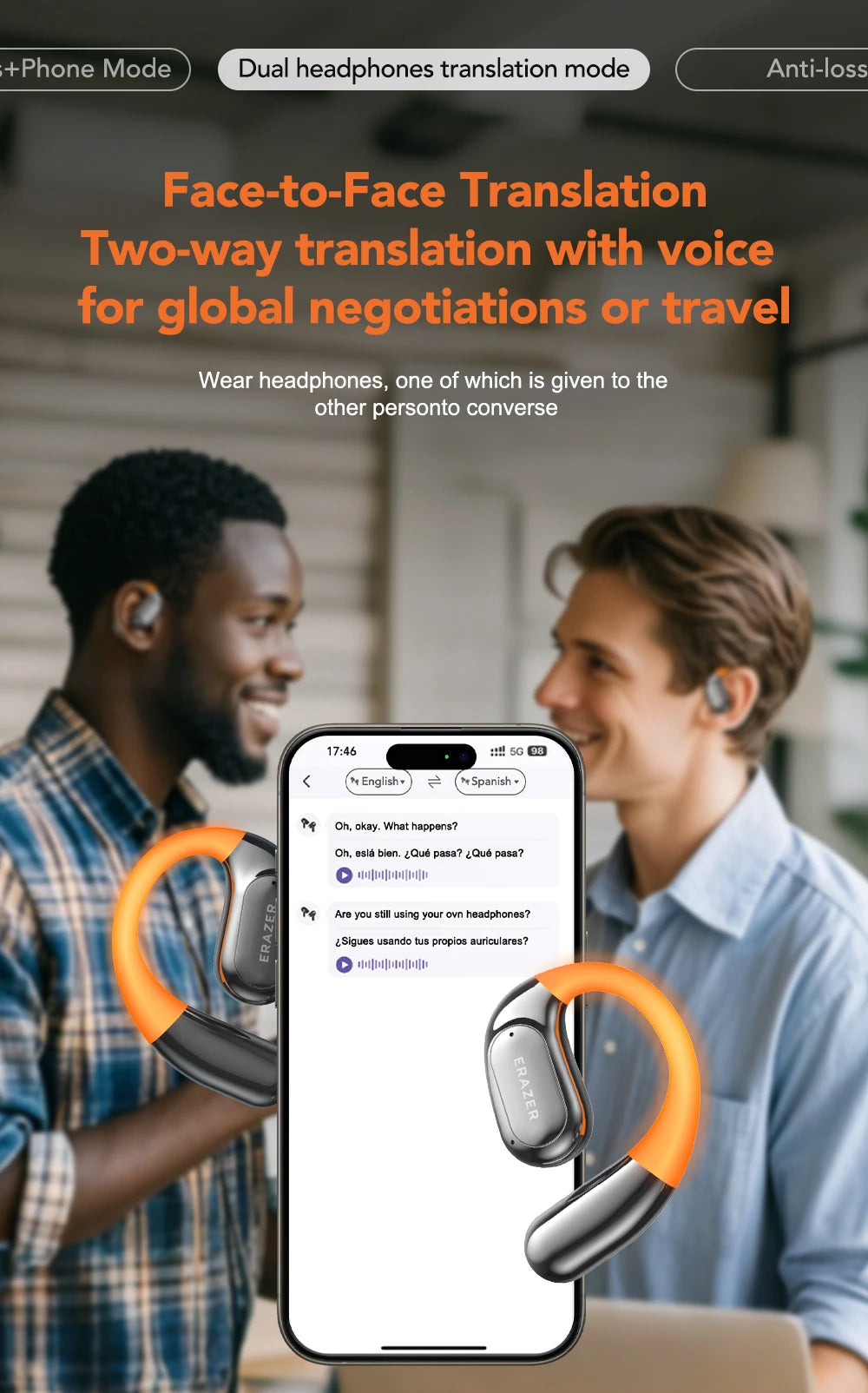 Two men engage in conversation, smiling as they wear the ERAZER XF31 Bluetooth Translation Earbuds by HeadphoneHeat. A smartphone screen shows a translation app with text bubbles in English and Spanish. The earbuds are prominently featured, highlighting their dual translation capability for travel or negotiations.