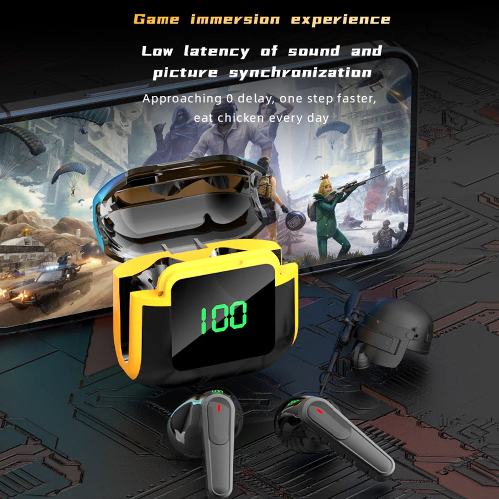A pair of VKTECH PRO 90 Noise Reduction Earbuds from HeadphoneHeat, featuring black wireless buds with red accents and a yellow digital charging case displaying 