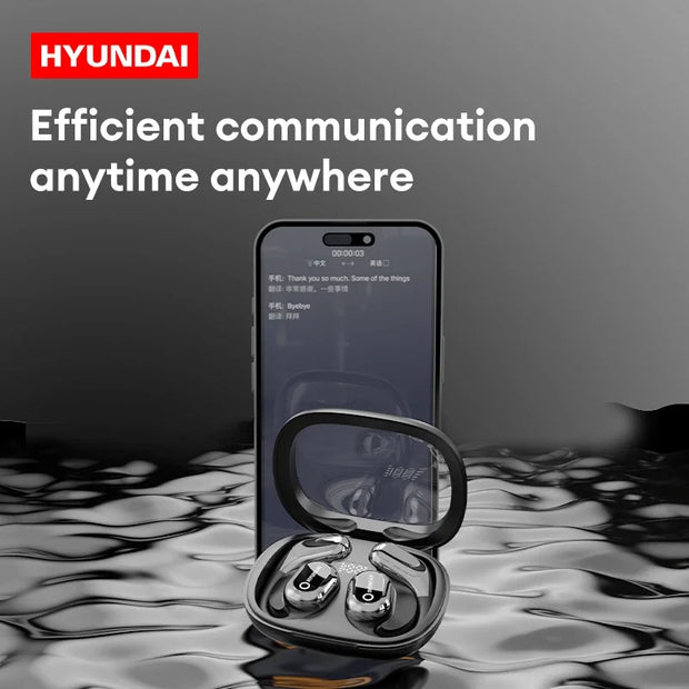 HeadphoneHeat choice HYUNDAI HY-Y16 AI translator OWS Wireless Bluetooth v5.4 earphones rest in their case next to a smartphone displaying a chat conversation. The backdrop showcases a reflective, liquid-like surface, with the text above stating, "Efficient communication anytime anywhere.