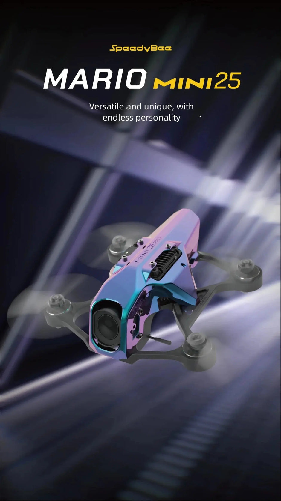 A vibrant HeadphoneHeat SpeedyBee Mario Mini25 PW RC Quadcopter soars midair against a blurred dark background. Above it, text reads: 