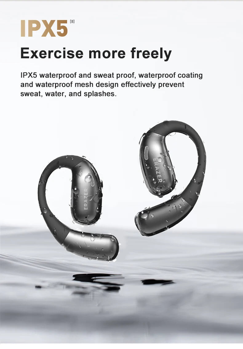 Two ERAZER XF31 Bluetooth Translation Earbuds by HeadphoneHeat, featuring an IPX5 waterproof rating, are surrounded by splashes of water. The text emphasizes their resistance to sweat, water, and splashes, highlighting their suitability for exercise.