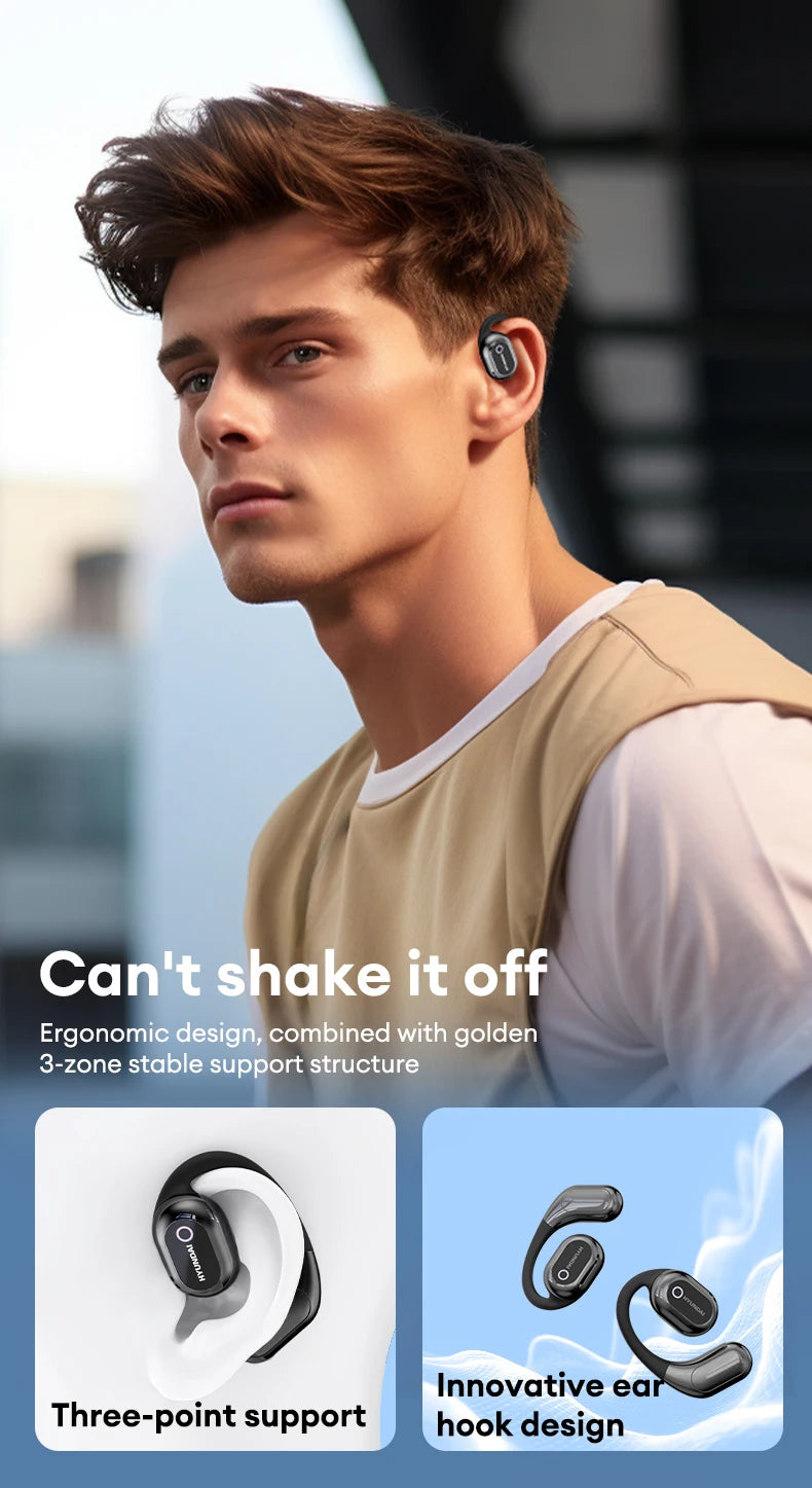 A person wearing the choice HYUNDAI HY-Y16 AI translator OWS Wireless Bluetooth v5.4 Earphones by HeadphoneHeat, showcasing an innovative ear hook design that ensures they "Can't shake it off." The ergonomic build provides ultimate comfort with three-point support. The background is elegantly blurred, highlighting these standout Earphones & Headphones for gaming and music enthusiasts.