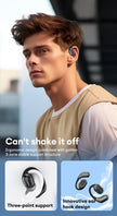 A person wearing the choice HYUNDAI HY-Y16 AI translator OWS Wireless Bluetooth v5.4 Earphones by HeadphoneHeat, showcasing an innovative ear hook design that ensures they 