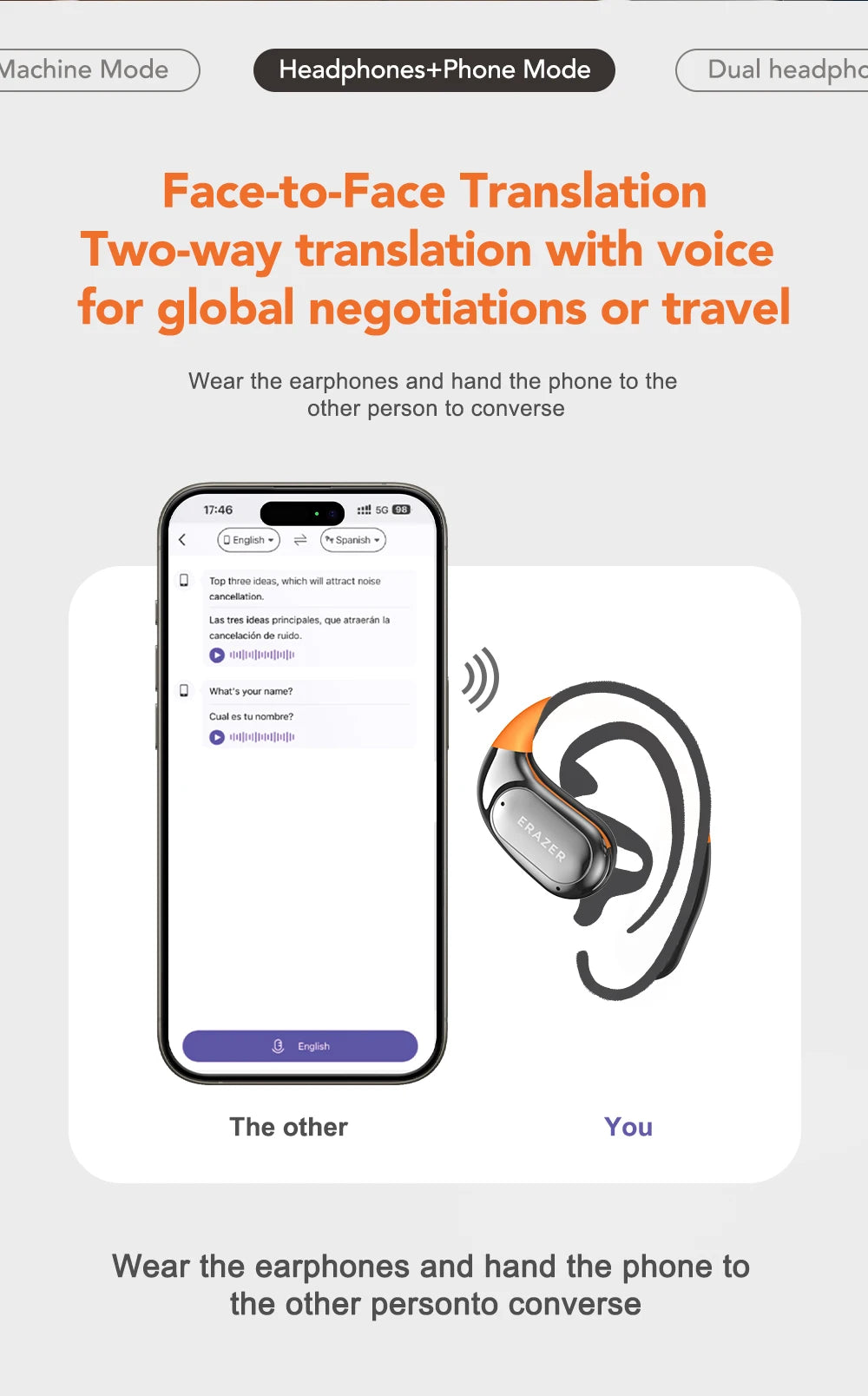 The image showcases the [AI Translator Earphone] ERAZER XF31 from HeadphoneHeat, displaying a translation app with 