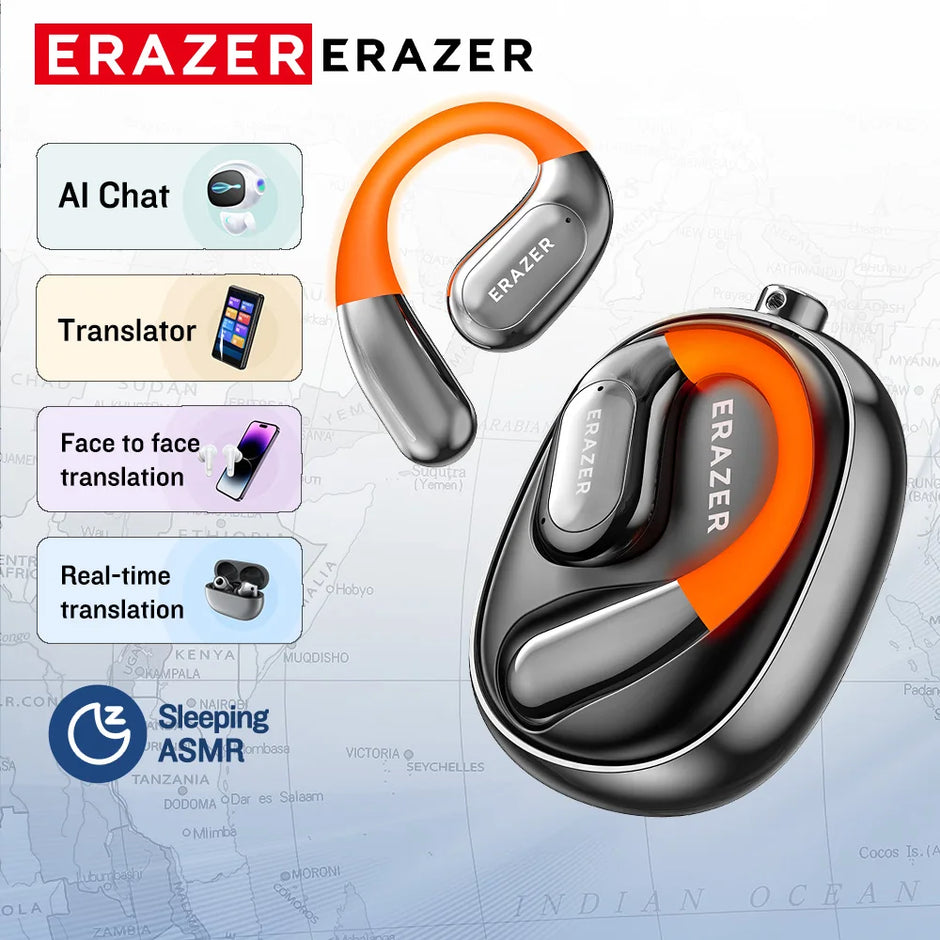 The [AI Translator Earphone] ERAZER XF31 Bluetooth Translation Earbuds by HeadphoneHeat, presented on a map backdrop, feature AI Chat, Translator, Face-to-Face Translation, Real-Time Translation, and Sleeping ASMR. Their sleek black and orange design combines style with advanced technology.