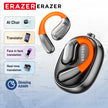The [AI Translator Earphone] ERAZER XF31 Bluetooth Translation Earbuds by HeadphoneHeat, presented on a map backdrop, feature AI Chat, Translator, Face-to-Face Translation, Real-Time Translation, and Sleeping ASMR. Their sleek black and orange design combines style with advanced technology.