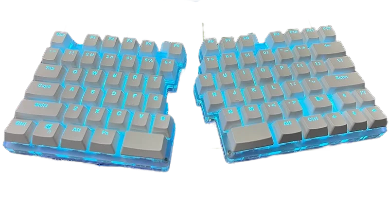 The DEBROGLIE LT78 Split Creative Mechanical Keyboard by HeadphoneHeat features an ergonomic split design with a glowing blue backlight. It includes grey keycaps with white lettering, Kailh switches, and two separate halves, each with letters, numbers, and function keys.
