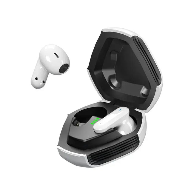 The HeadphoneHeat Wireless Gaming Earbuds with ANC & Dual Drivers, featuring a 150-hour battery and BT 5.1, come in a sleek black-and-silver case with green LED—your ultimate immersive listening accessory on any white background.