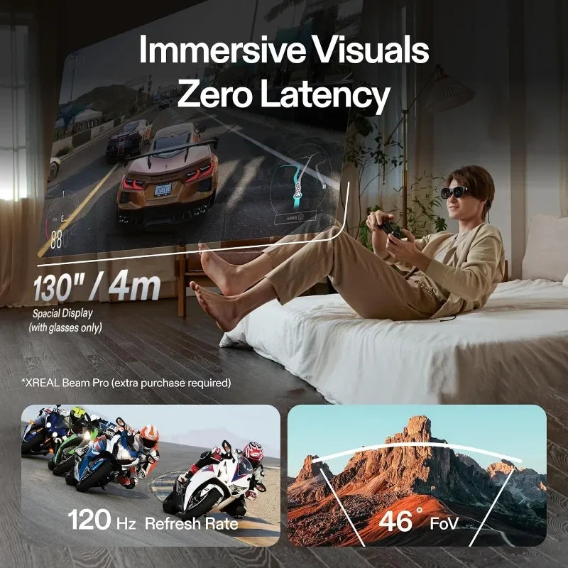 While lounging on a couch, a person uses the XReal Air 2 Pro AR Glasses by HeadphoneHeat to play a racing game on an expansive virtual screen. The glasses offer an immersive augmented reality experience with their impressive features, including a 130” display, 120 Hz refresh rate, 46° field of view, and zero latency.