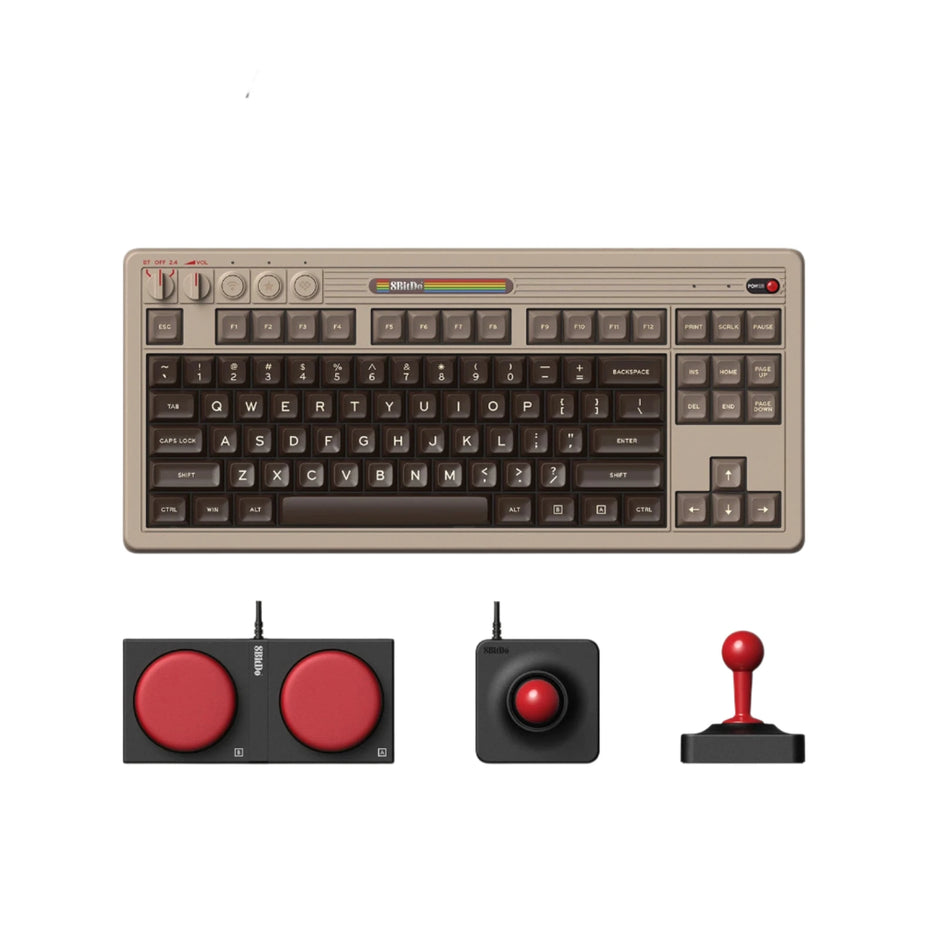 Image of the HeadphoneHeat 8BitDo Retro Mechanical Keyboard - C64 Edition, showcasing a beige retro mechanical keyboard with vintage-inspired keys. Accompanied by two red, circular controllers and a joystick, all brimming with retro charm. Logos for AliExpress and HeadphoneHeat adorn the top.