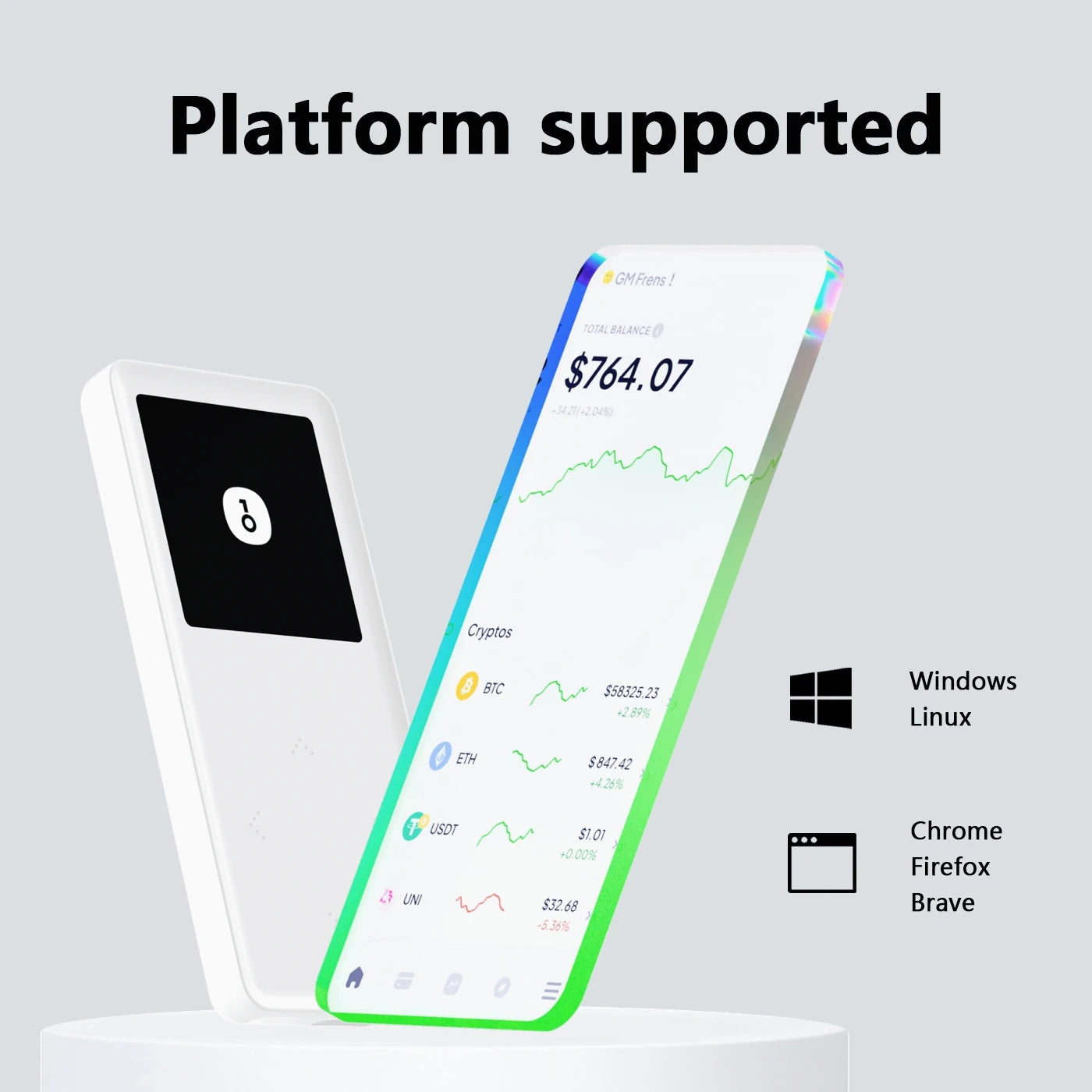 Image of the OneKey Mini Offline Crypto Wallet displaying a cryptocurrency finance app with a balance of $764.07 and various crypto values. Text on the image reads 