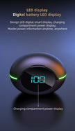 The Y80 Wireless Bluetooth Earbuds by HeadphoneHeat are presented through a black circular device with an LED digital display showing a blue 