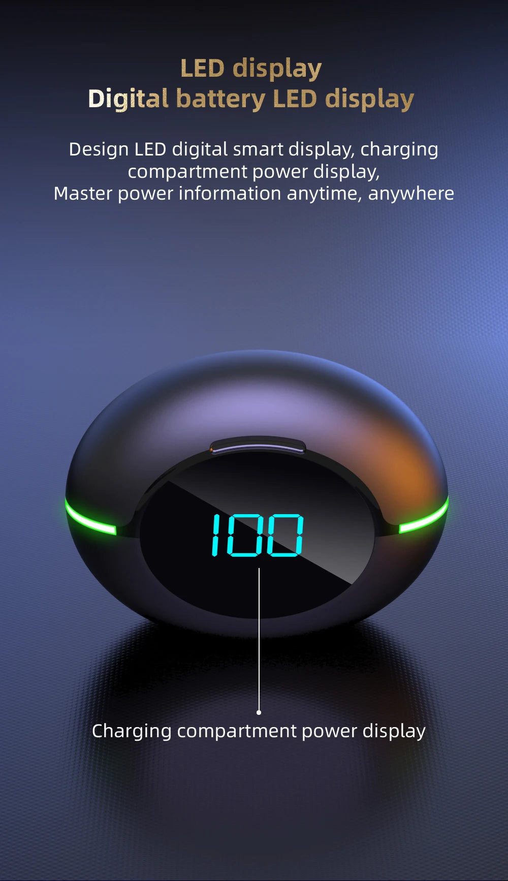 The Y80 Wireless Bluetooth Earbuds by HeadphoneHeat are presented through a black circular device with an LED digital display showing a blue 