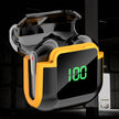 The image showcases the VKTECH PRO 90 Noise Reduction Earbuds by HeadphoneHeat, housed in a stylish yellow and black charging case with a transparent lid. The front of the case boasts a digital screen reading 